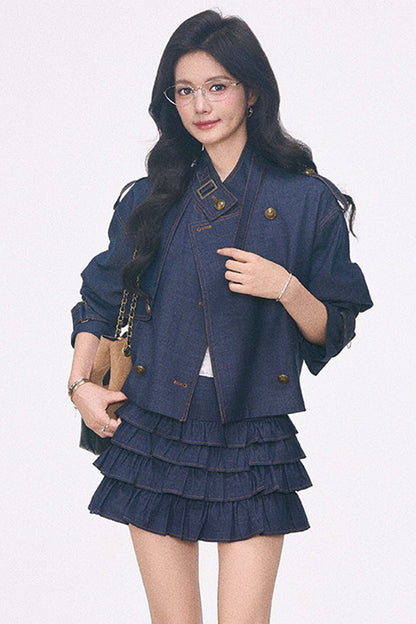 Imitation Denim Short Jacket and Cake Skirt Set