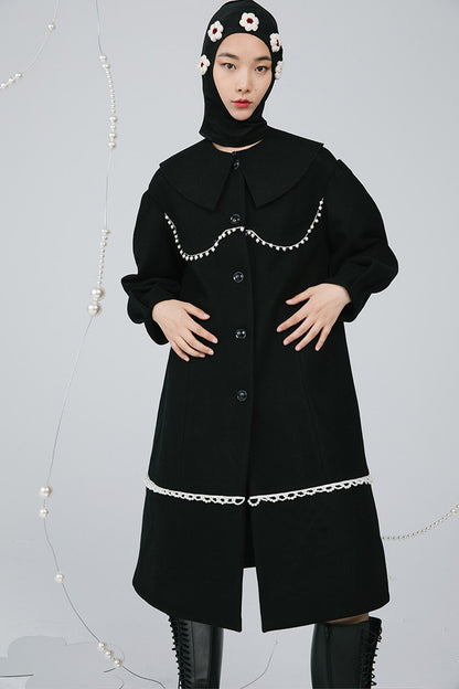 Black Pearl Lace Wool Coat
