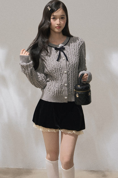 Rhinestone Bow Knit Cardigan Top and Velvet Skirt Set-Up