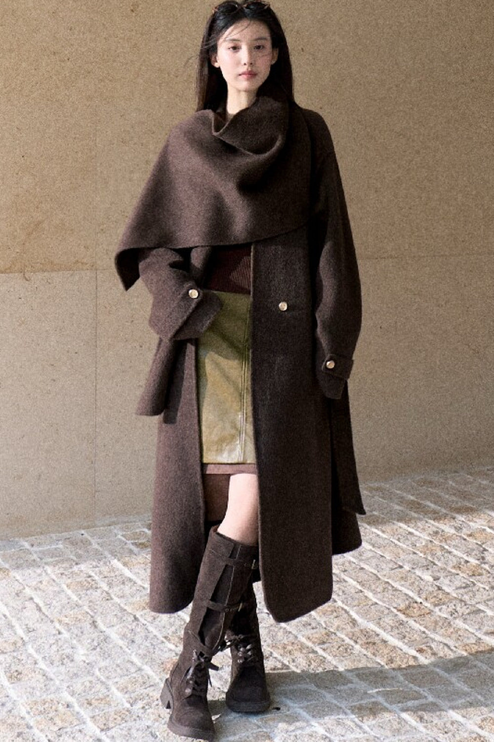 Double-Sided Wool Scarf Collar Coat