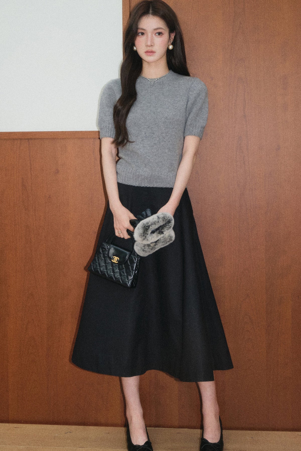 Gray Wool Knit Top and Retro Skirt Set-Up
