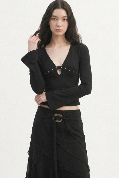 V-Neck Hollow-Out Long-Sleeve Top