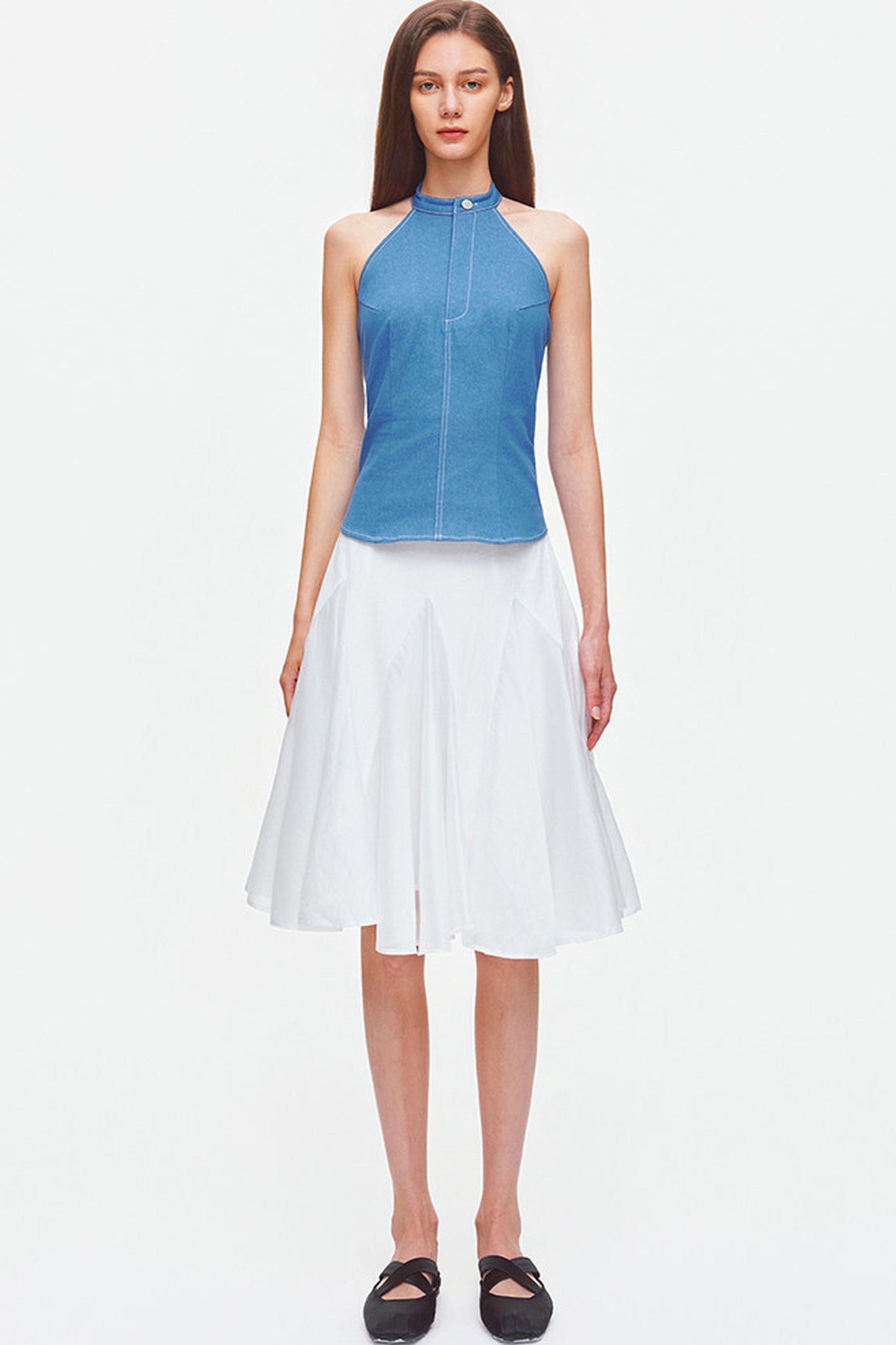 Top all'americana in denim con cuciture a contrasto e schiena scoperta