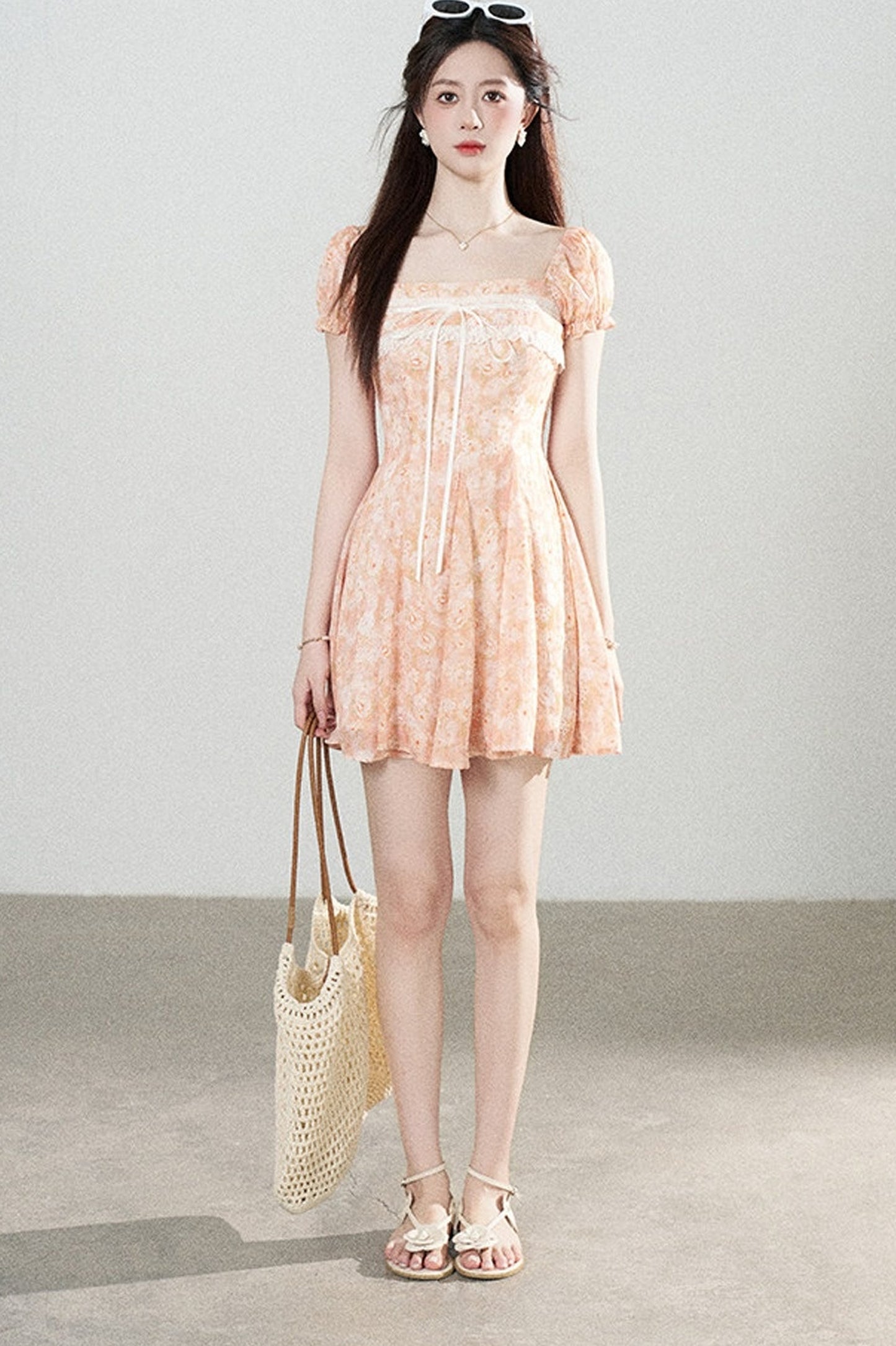 Square-Neck Floral Puff-Sleeve Chiffon Dress