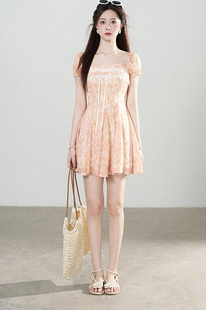 Square-Neck Floral Puff-Sleeve Chiffon Dress