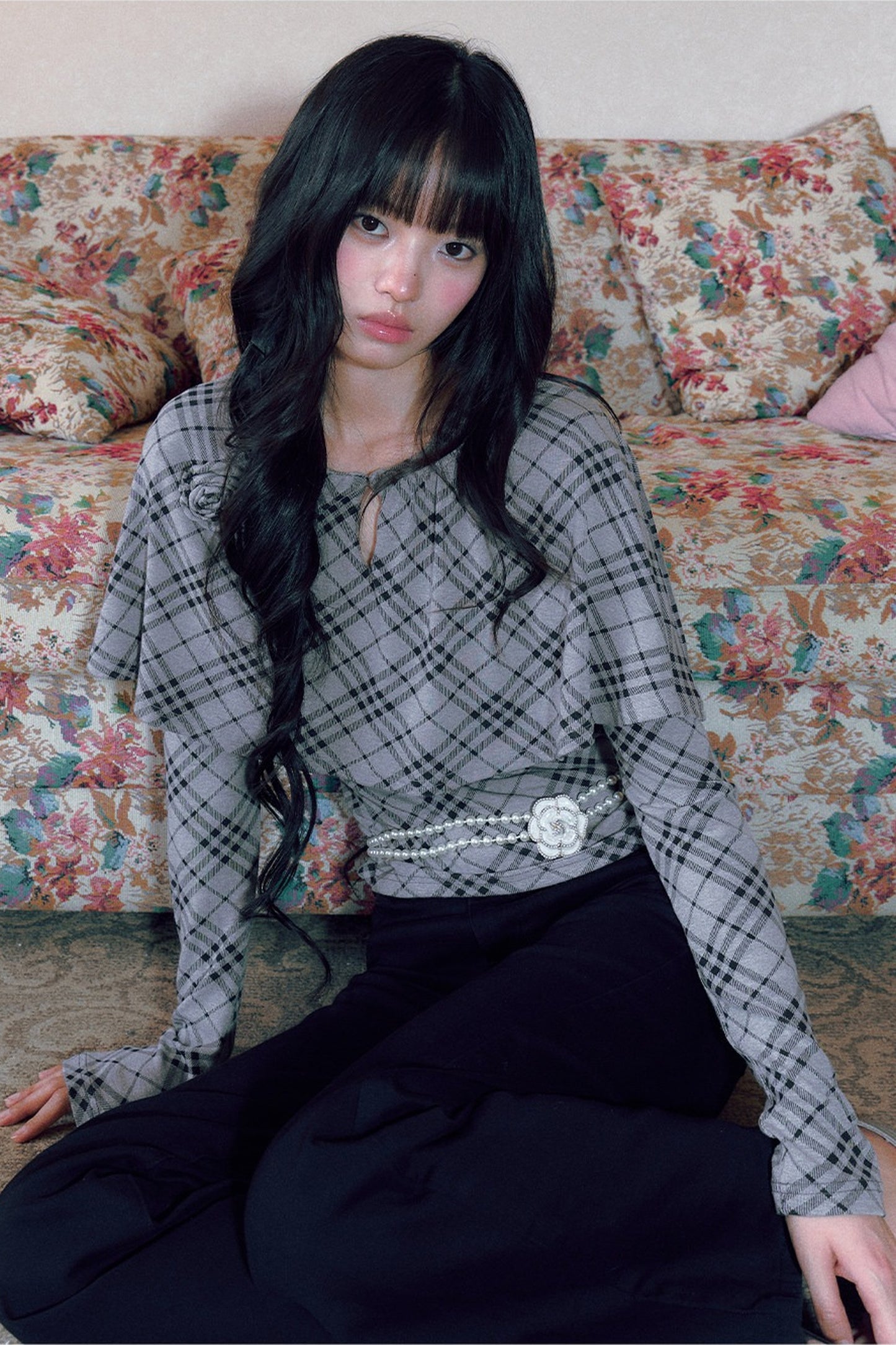 Floral Plaid Cape Top and Pants Set-Up