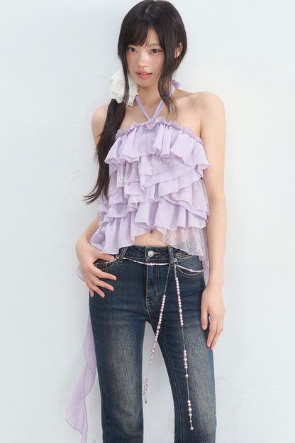 Multi-Layer Ruffle Lace Halter Top and Pants Set