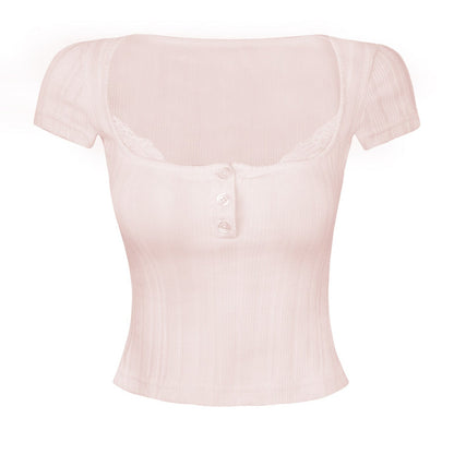 Square Neck Lace Ribbed Crop Top