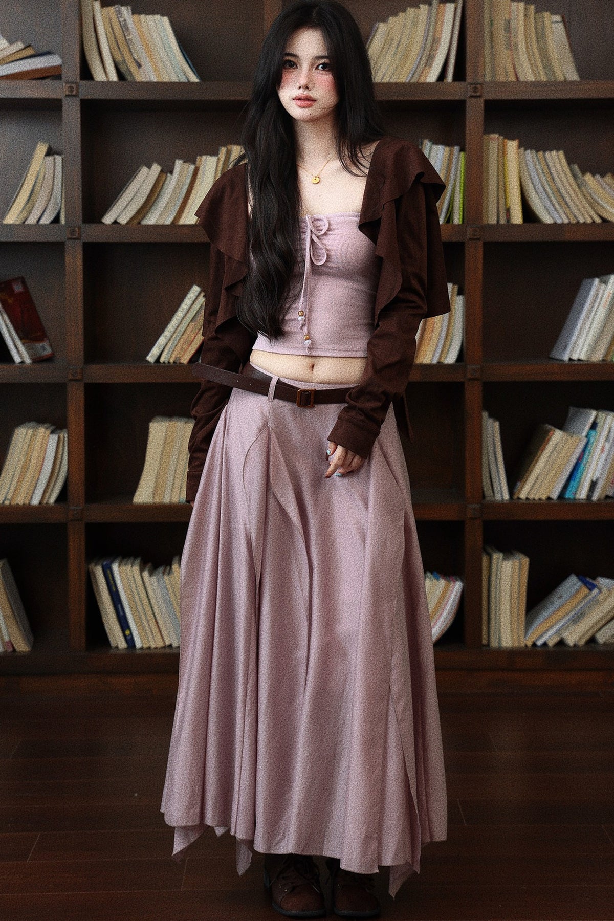 Waist-Cinching Tube Top and Pink and Purple Flowing Skirt Set-Up