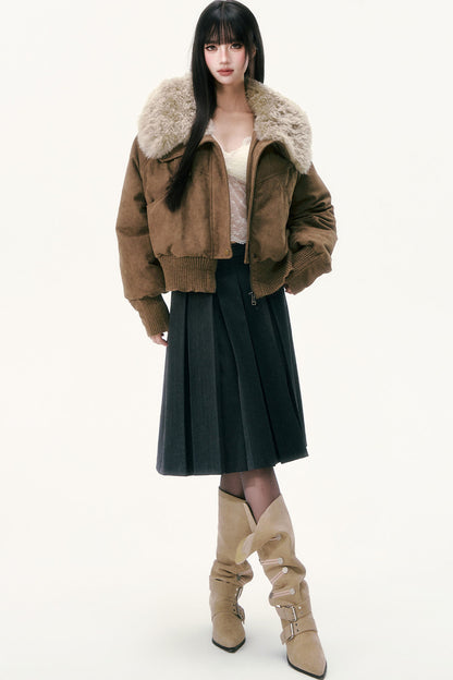 Olive Green Wool Collar Down Jacket