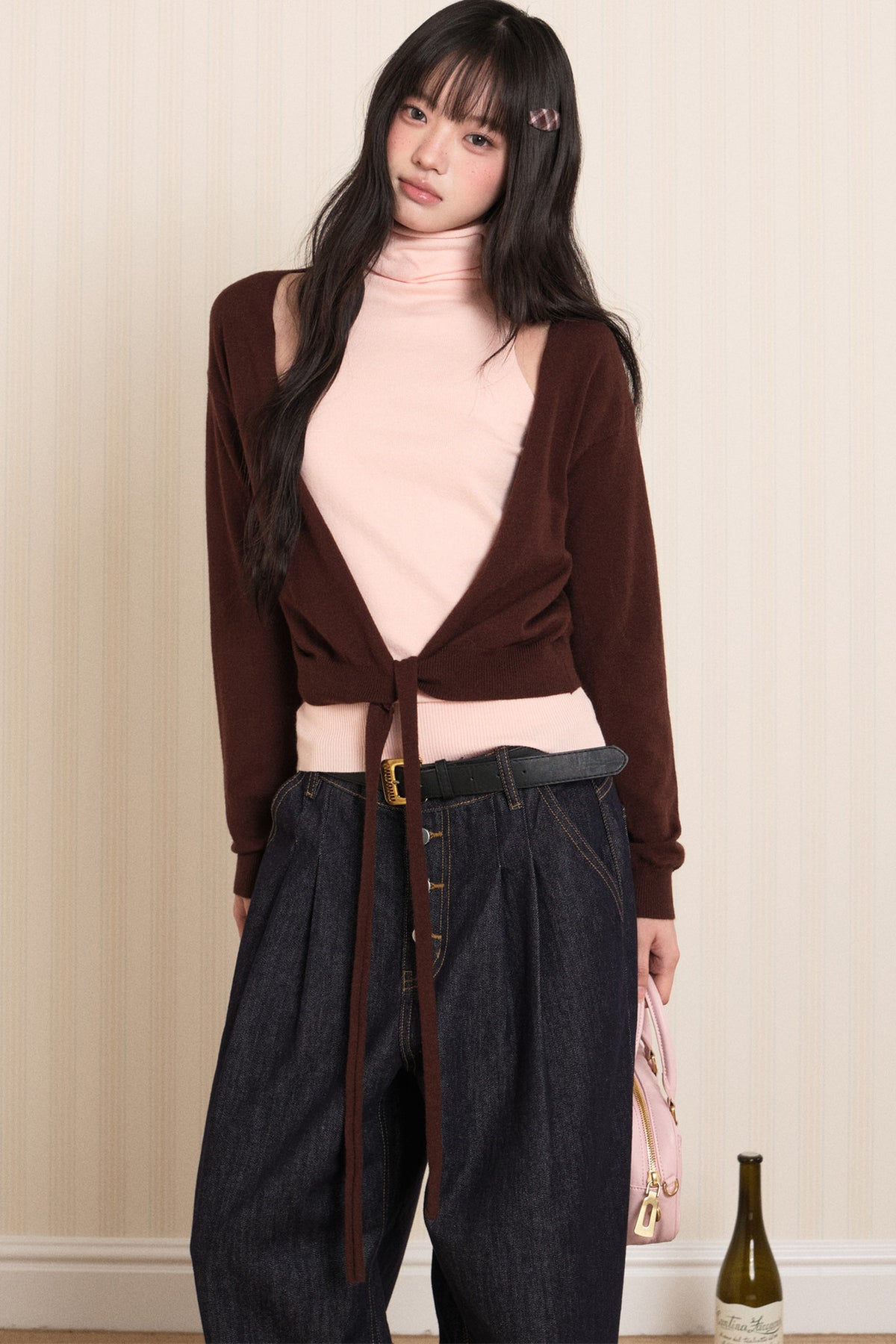 Layered High-Neck Vest and Tie-Up Cardigan Set-Up