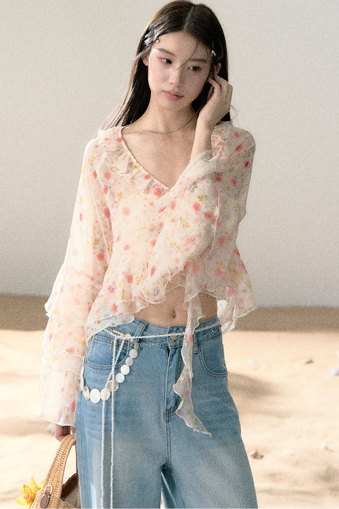 Floral Chiffon Ruffle Blouse
