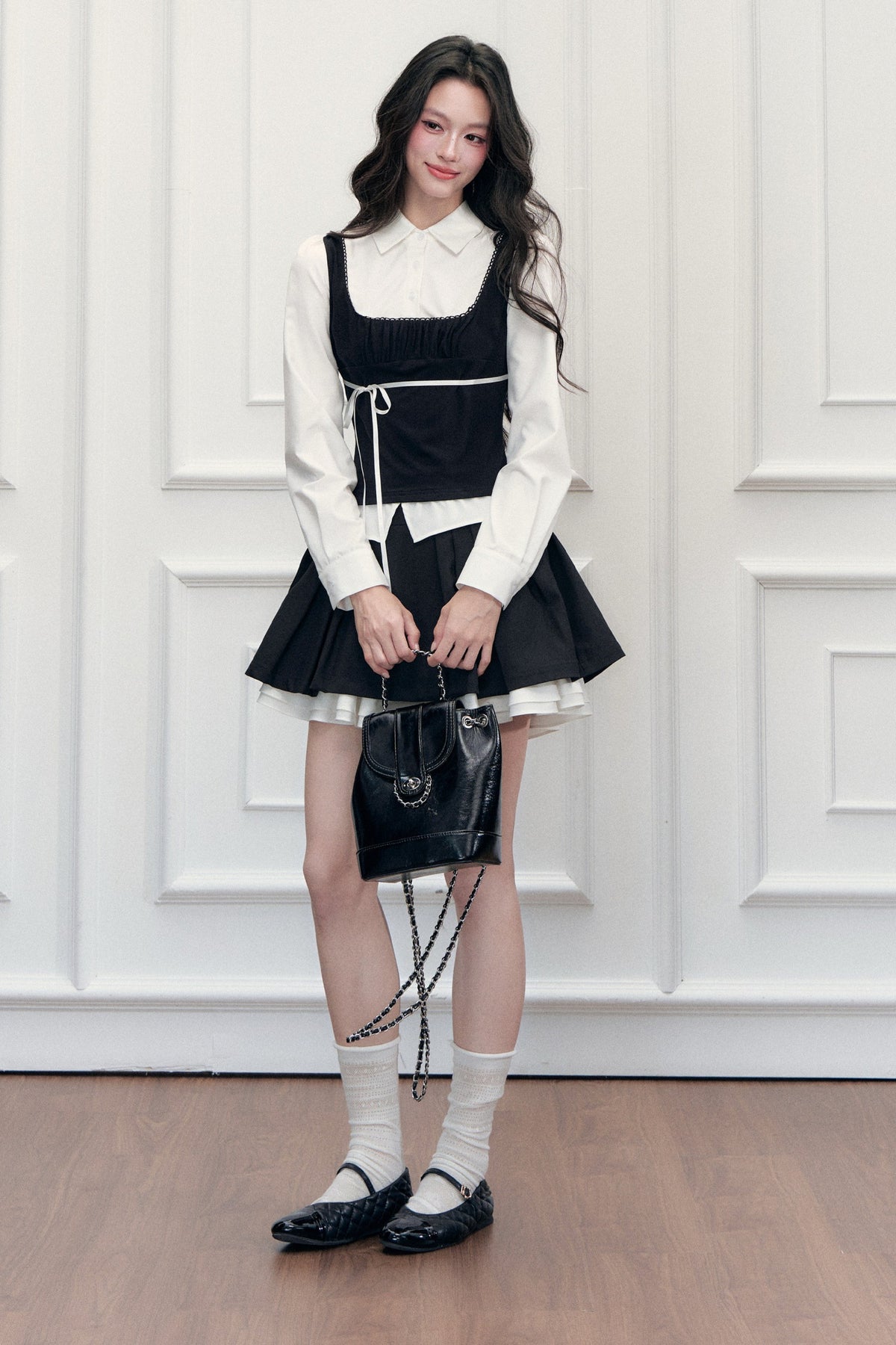 Retro Bow Layered-Look Top and Black Short Skirt Set-Up