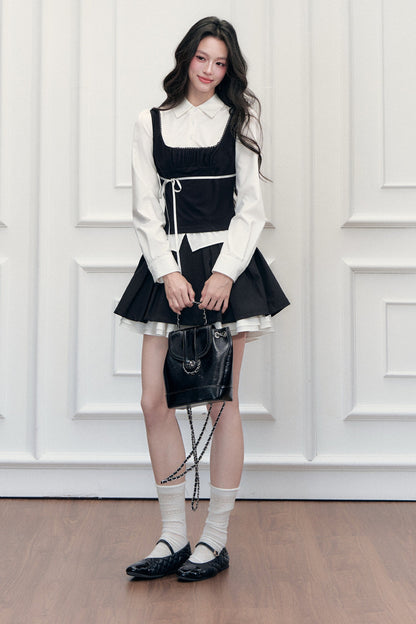 Retro Bow Layered-Look Top and Black Short Skirt Set-Up