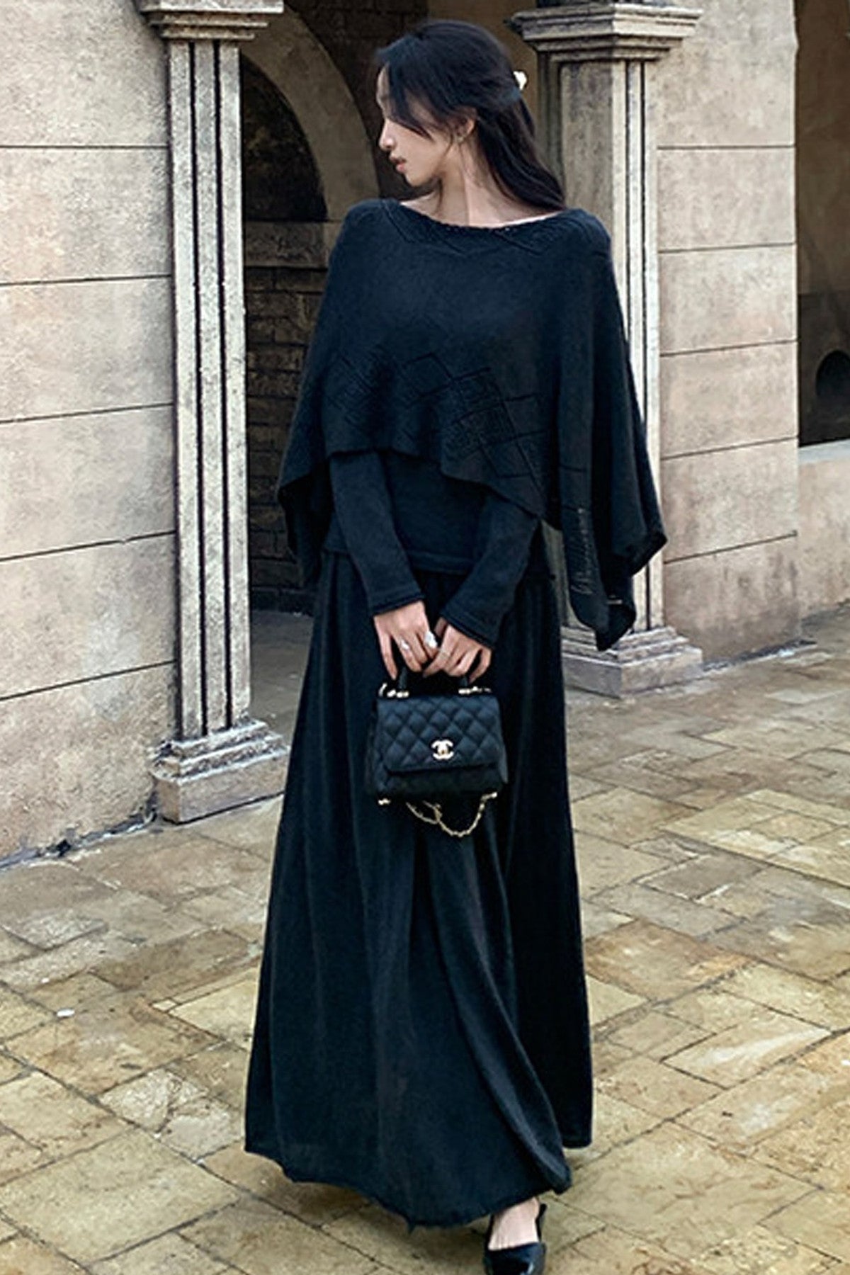 Three-Way Drape Collar Knit Shawl and Skirt Set