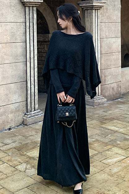 Three-Way Drape Collar Knit Shawl and Skirt Set