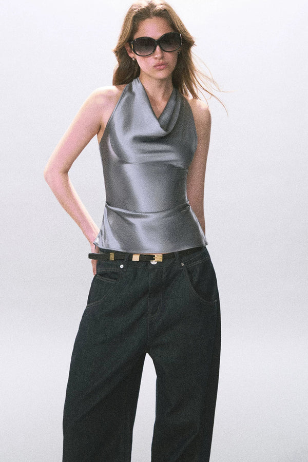 Satin Scoop Neck Halter Top