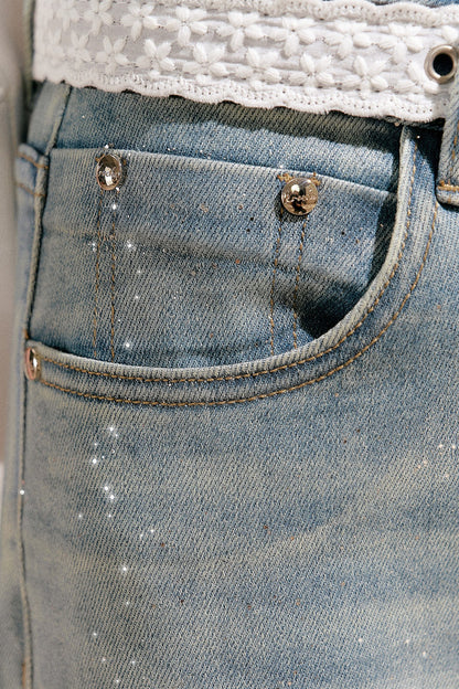 Silver Embellishment Straight Wide-Leg Loose Jeans