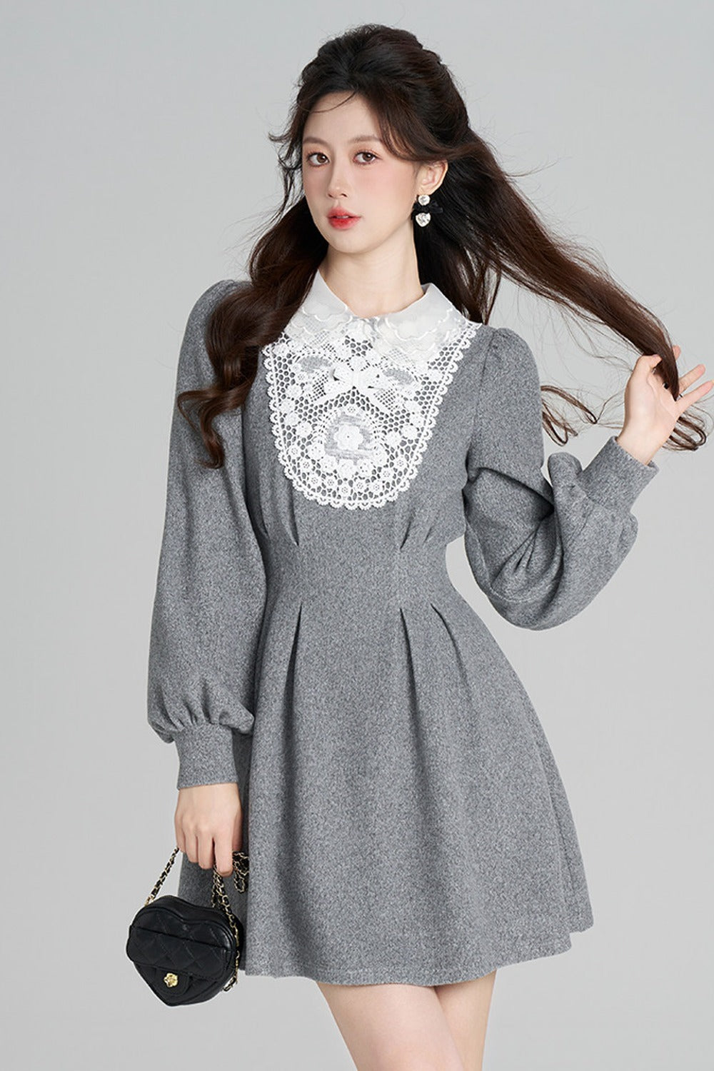 Lace Patchwork Puff Sleeve Dress