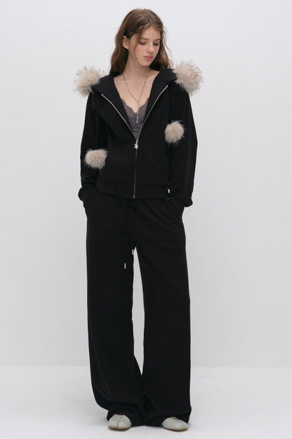 Fur Trim Hooded Sweatshirt and Sweatpants Set-Up