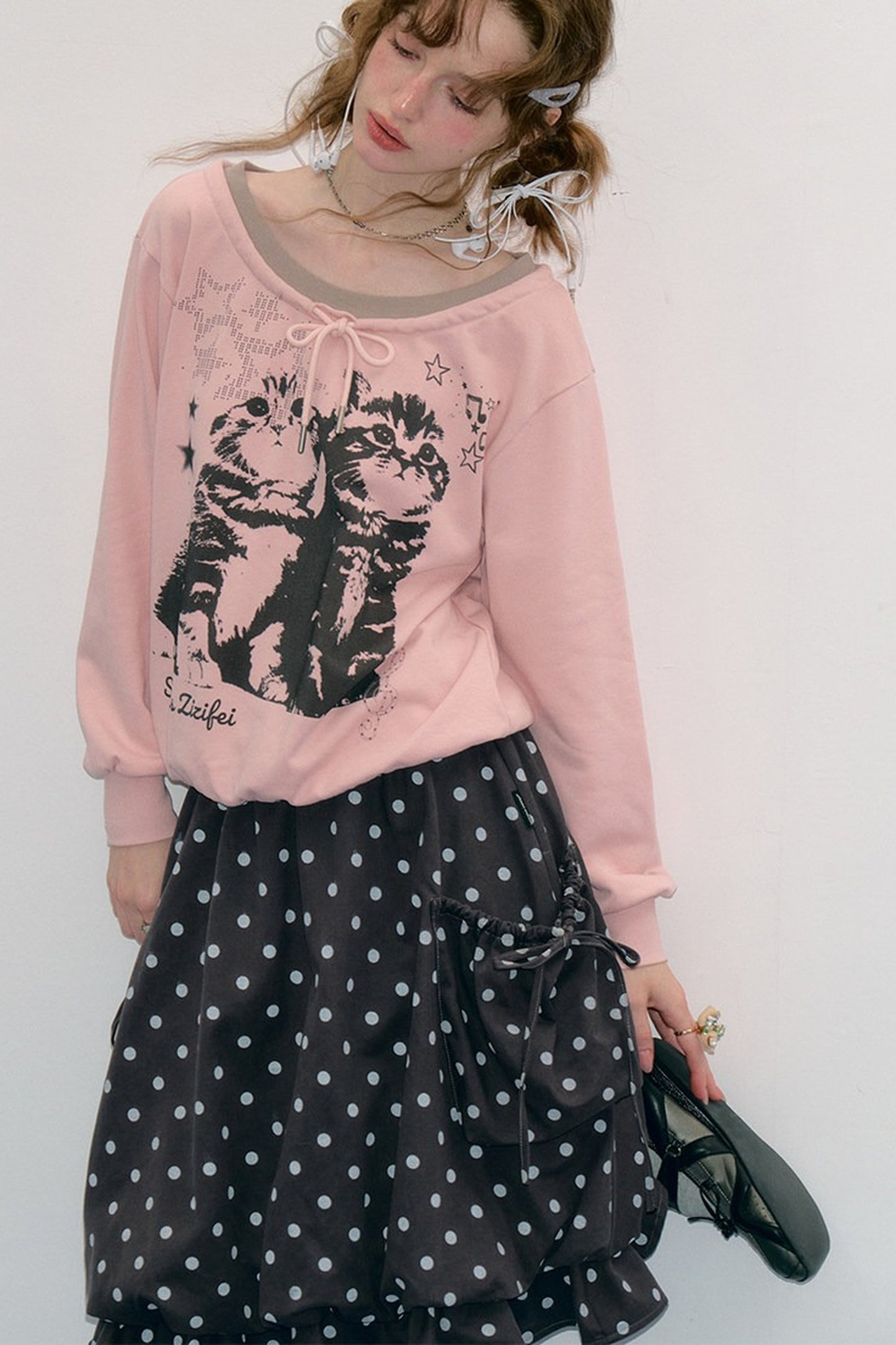 Pink Cat Print Tie Neck Sweatshirt