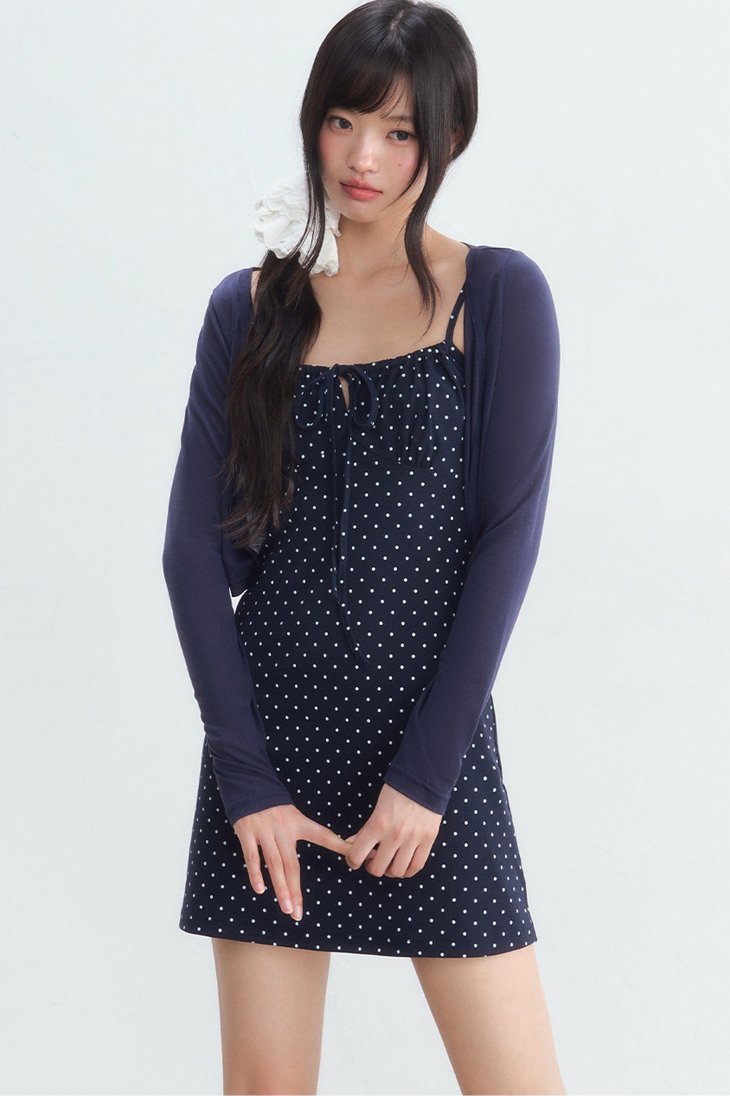 Navy Polka Dot Suspender Dress With Cardigan