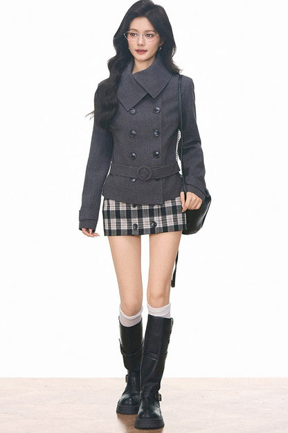 Double-Breasted Woolen Coat and Skirt Set-Up