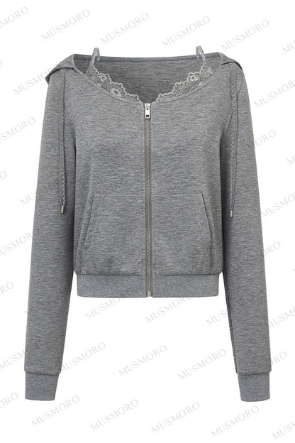Sudadera de capa de aire con capucha de encaje y mezcla de lyocell