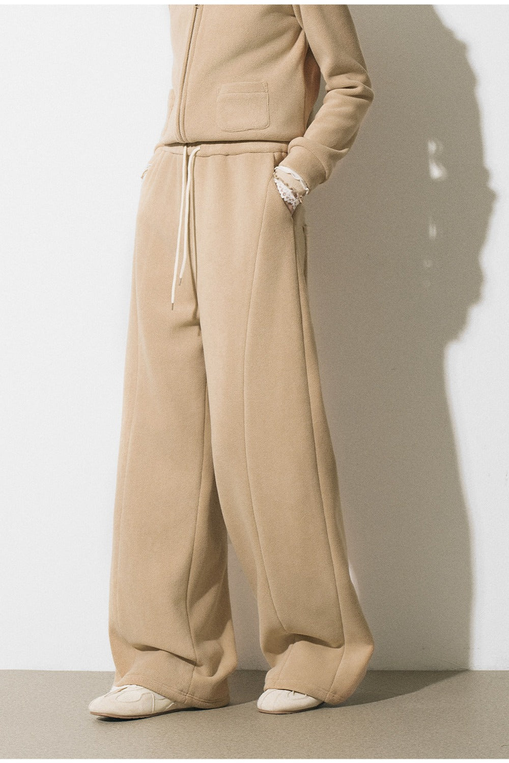Oatmeal Fleece Hooded Sweatshirt Jacket and Wide-Leg Pants Set-Up