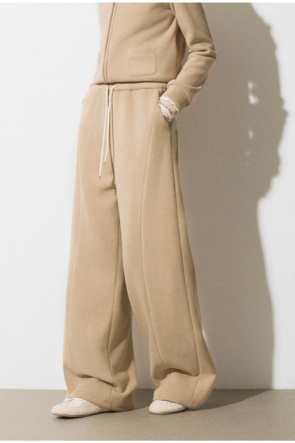 Oatmeal Fleece Hooded Sweatshirt Jacket and Wide-Leg Pants Set-Up