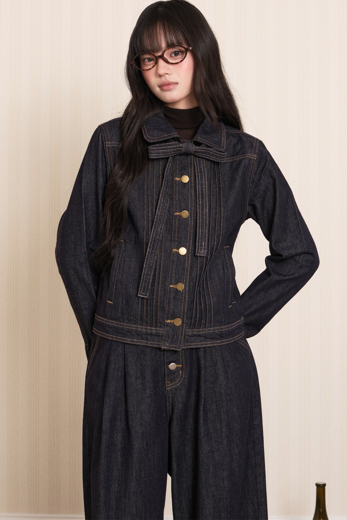 Washed Denim Lapel Tie Jacket