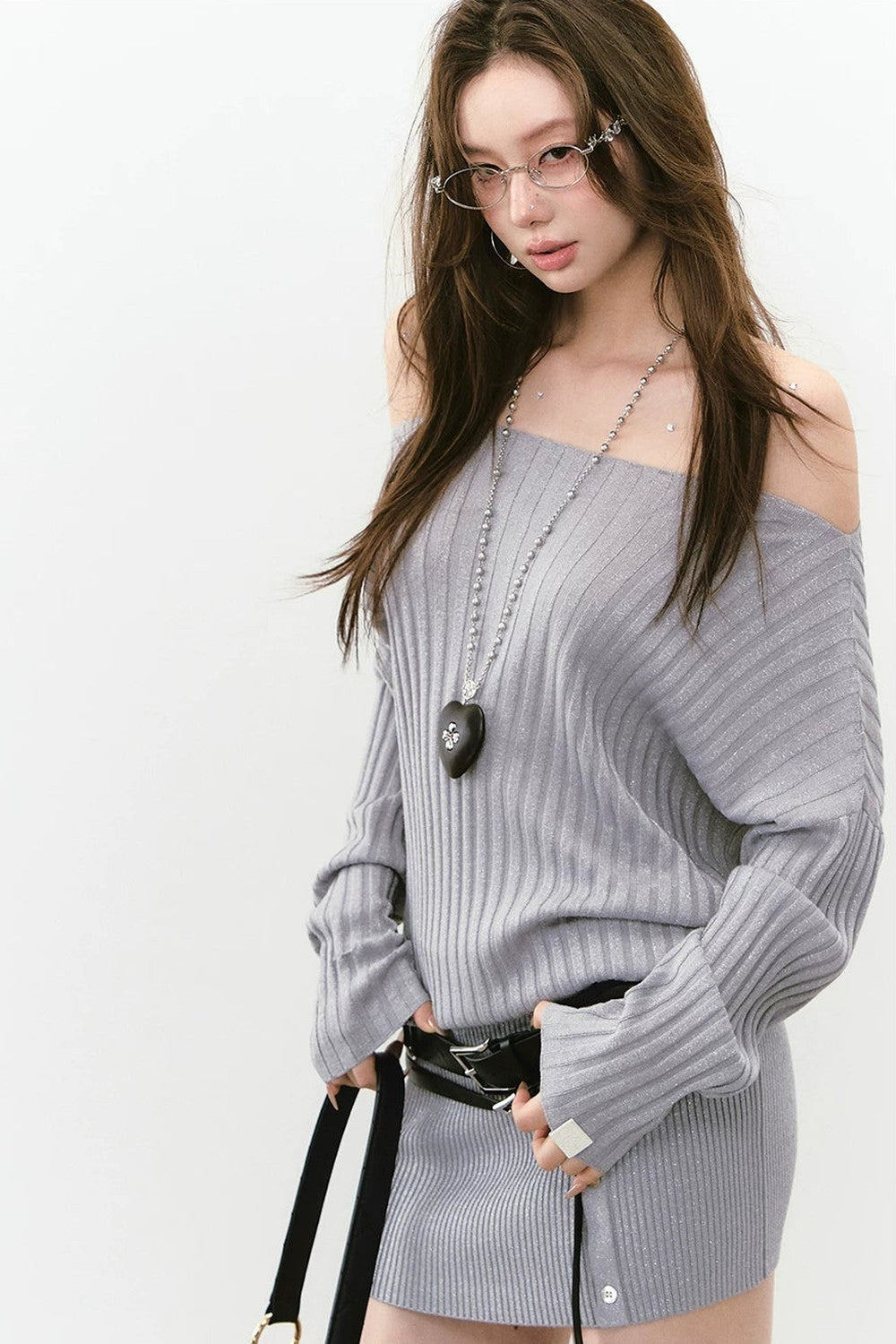 Shiny Silk Button Diagonal Shoulder Dress