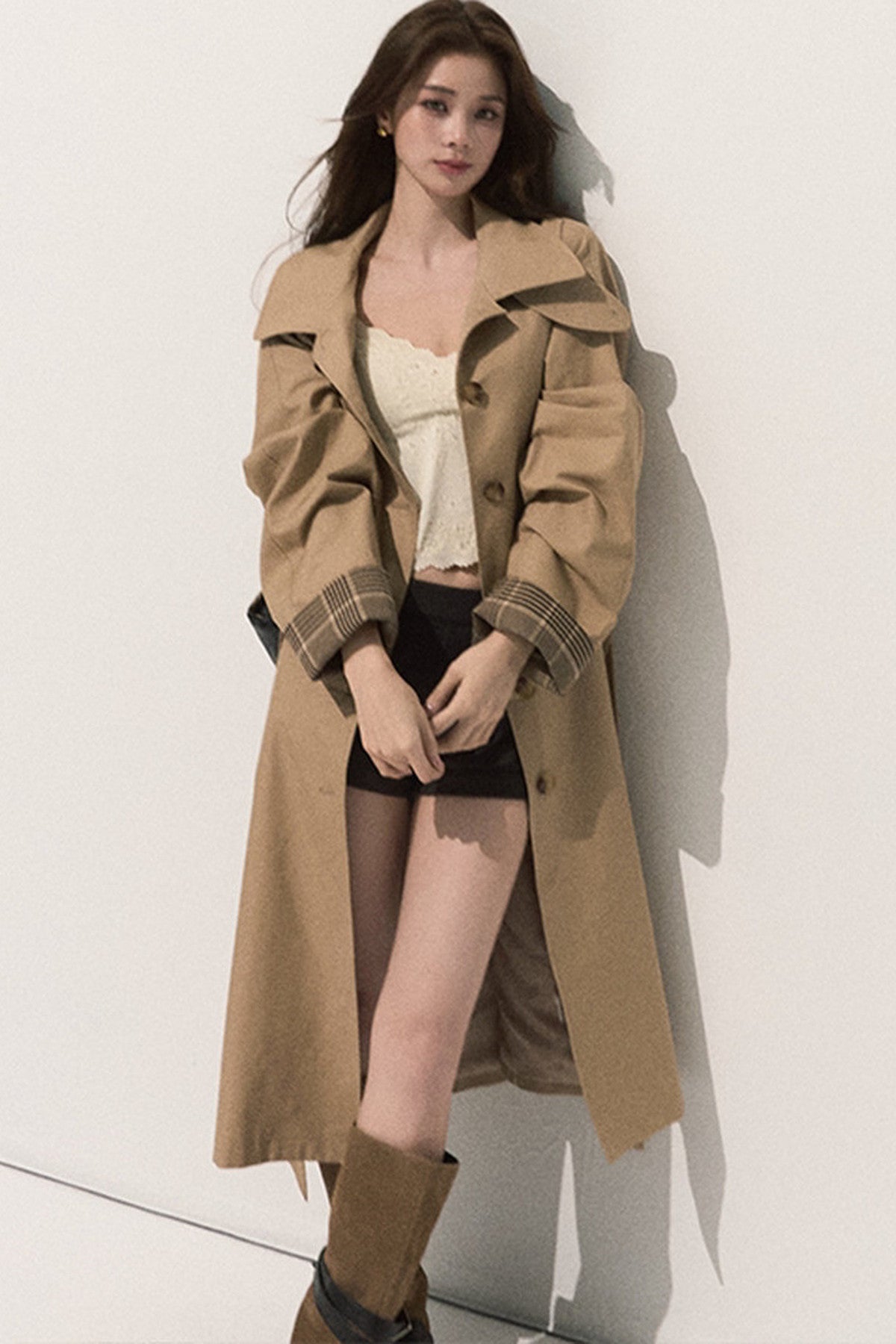 Trench-coat à carreaux à col montant