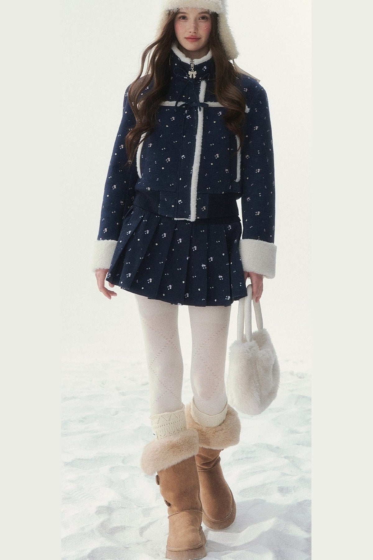 Floral Corduroy Lambswool Patchwork Jacket and Pleated Skirt Set-Up