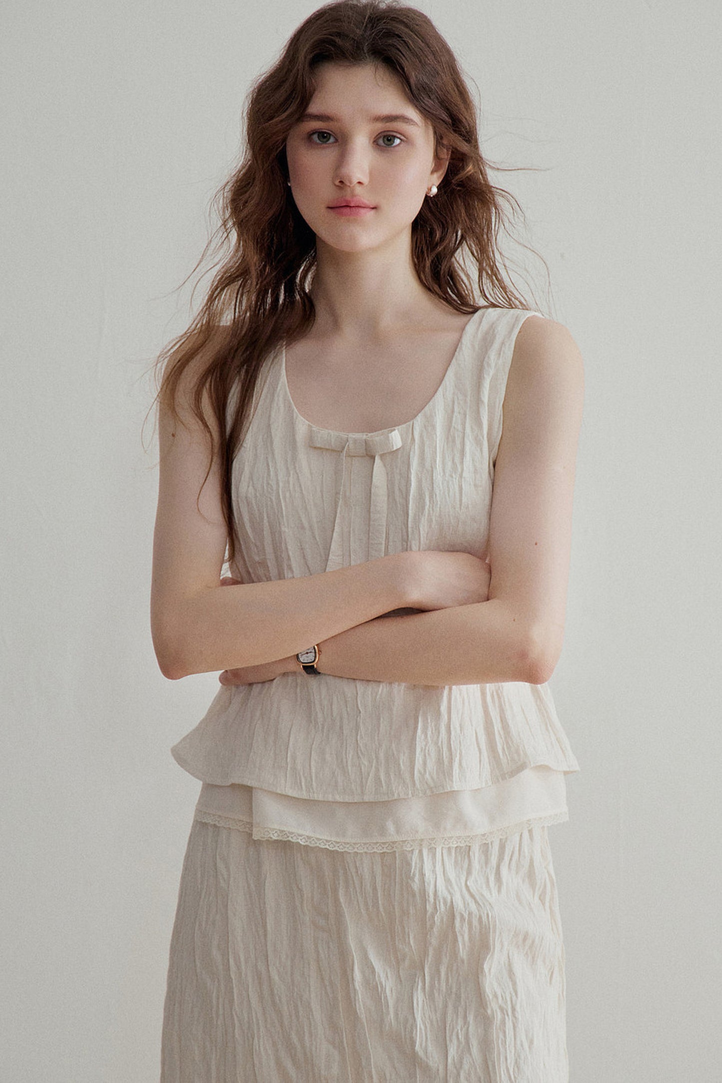 Pleated Bow Linen Vest Set-Up