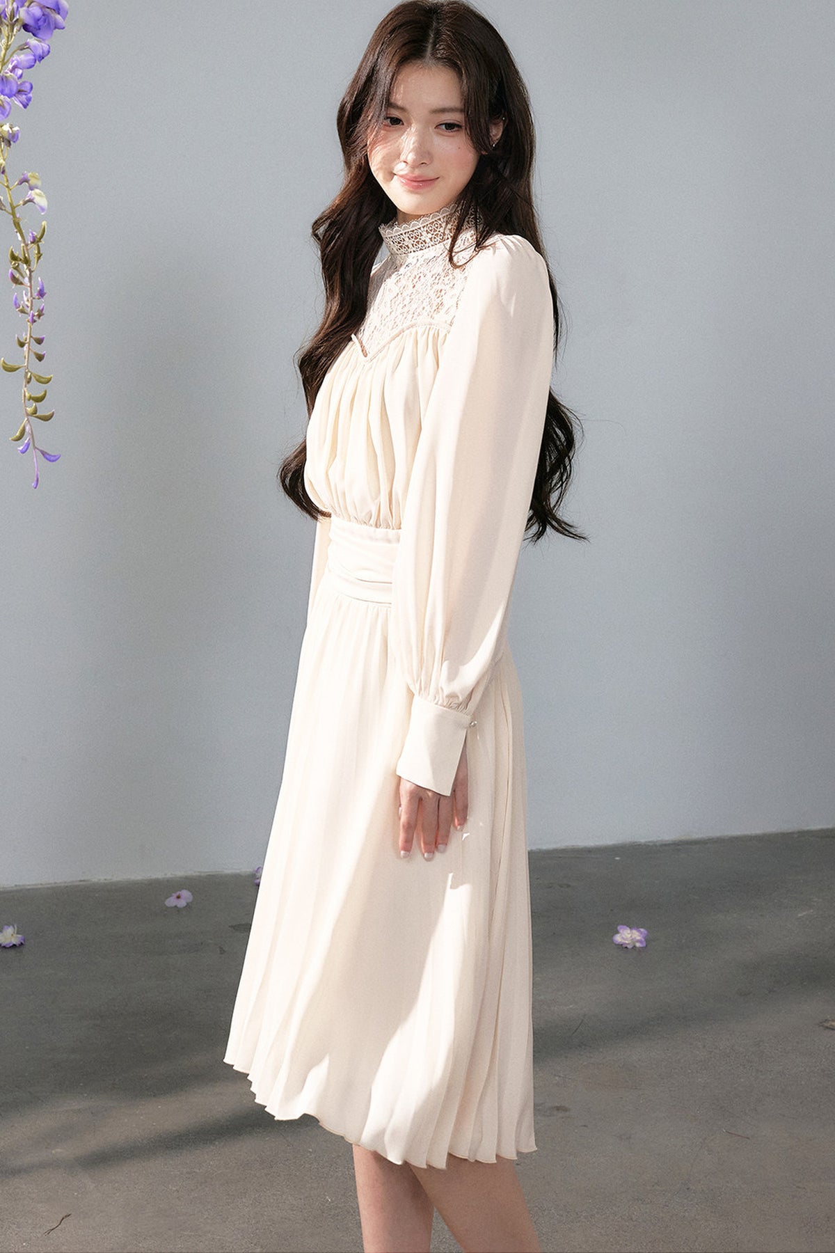 Pleated Lace Mid-Length Dress