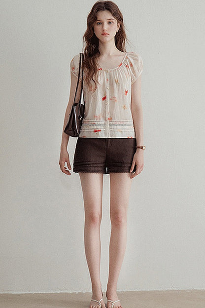 Floral Lyocell Short-Sleeve Blouse