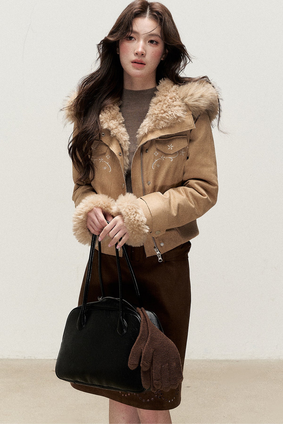 Embroidered Suede Fleece-Lined Jacket