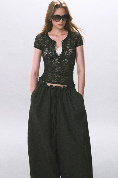 Henry Collar Semi-Sheer Lace T-Shirt