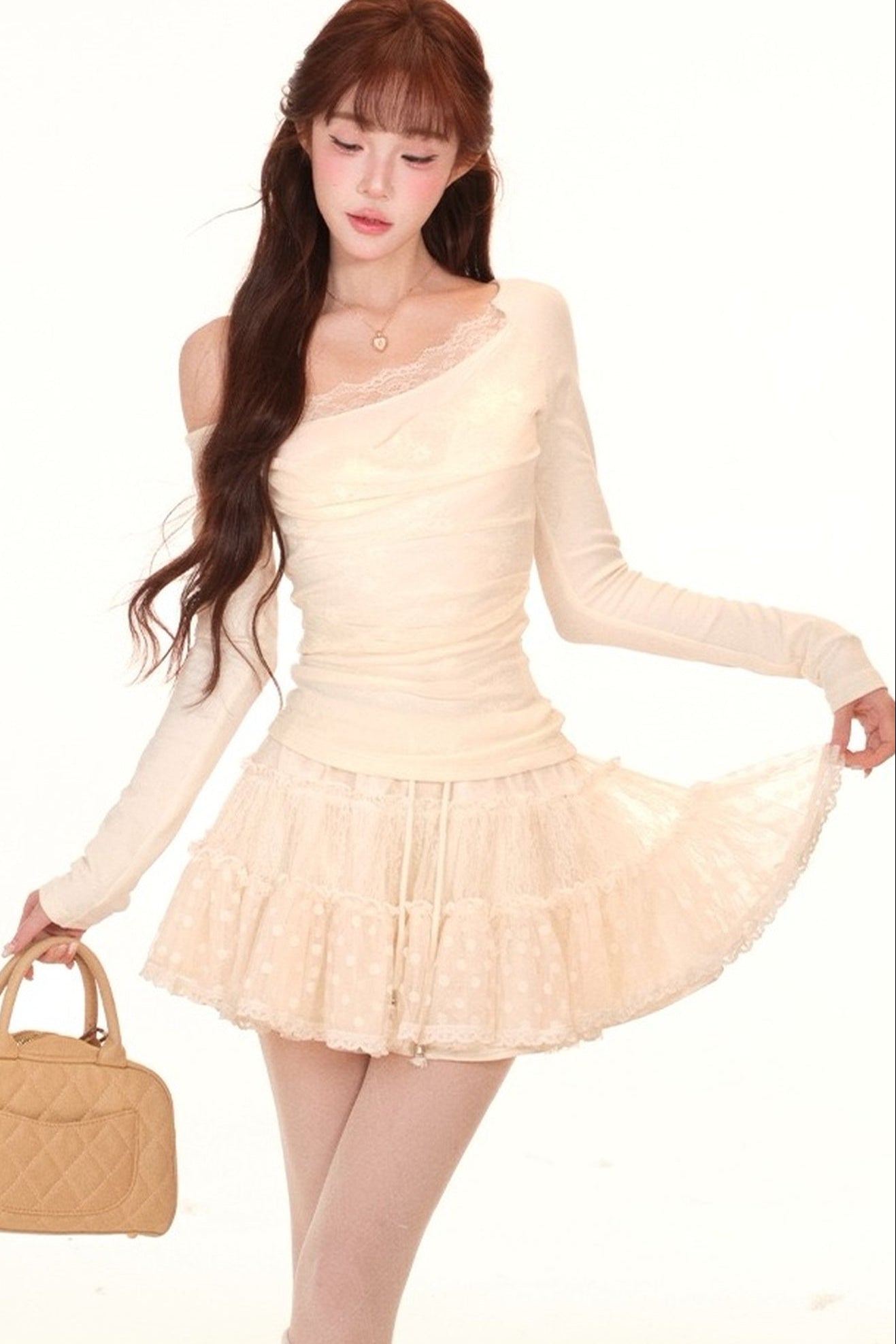 Off-Shoulder Lace Knit Top and Skirt Set-Up