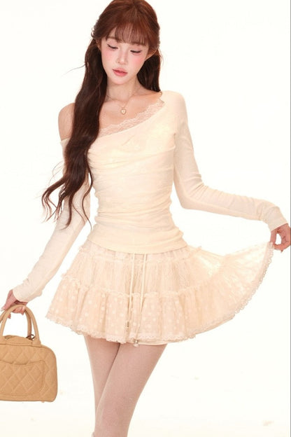 Off-Shoulder Lace Knit Top and Skirt Set-Up