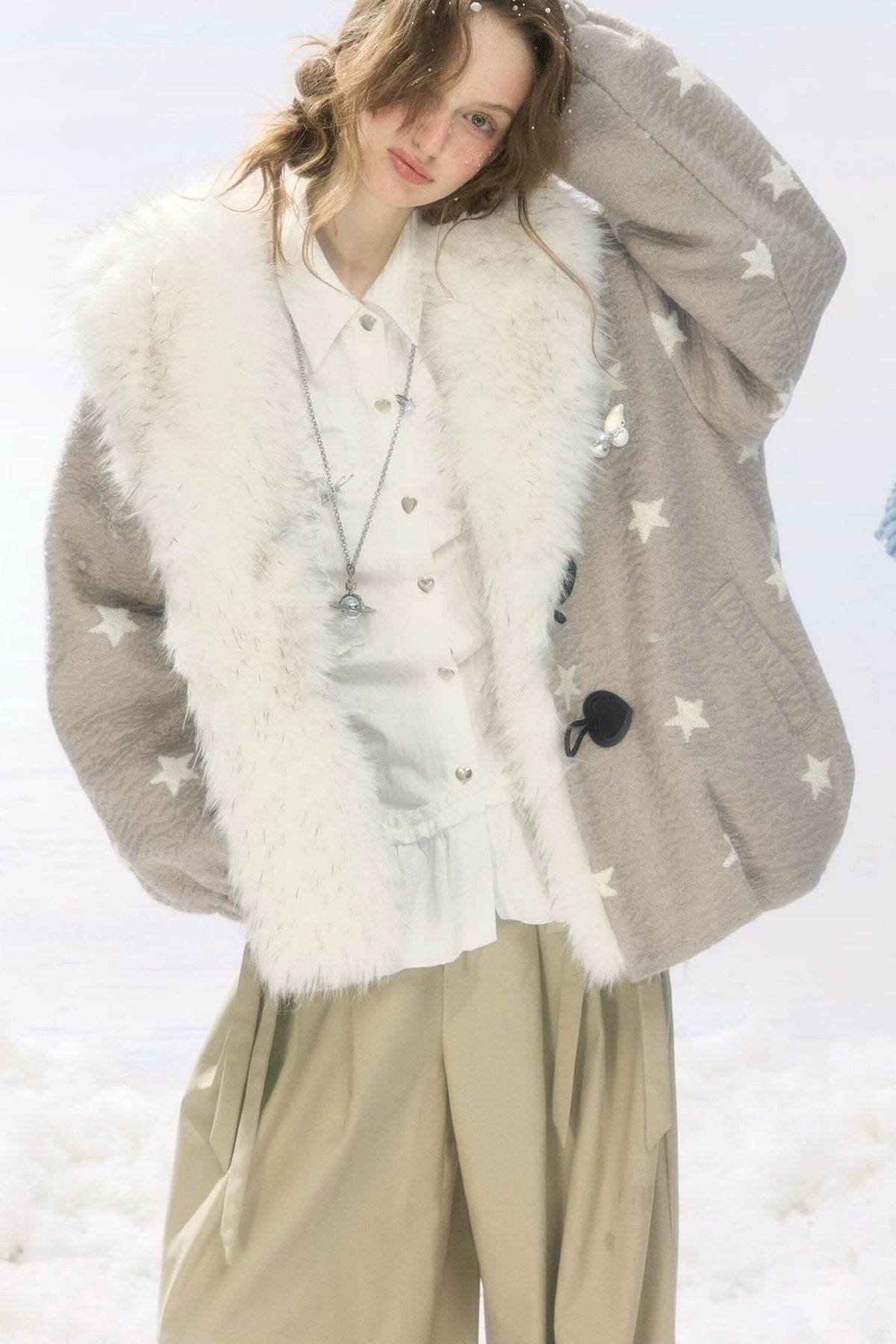 Star Polka Dot Plush Collar Jacket