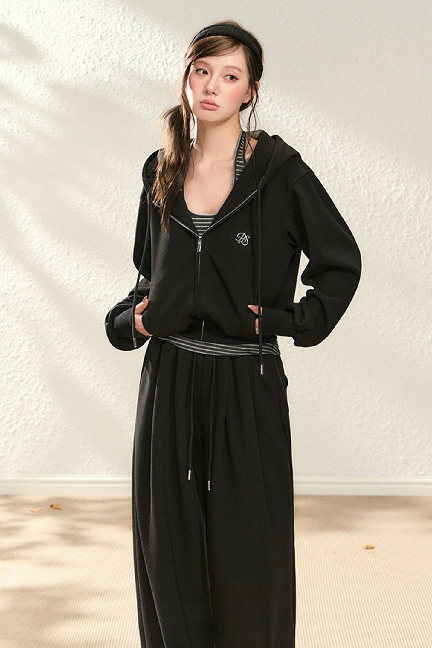Hooded Drawstring Cardigan Set-Up