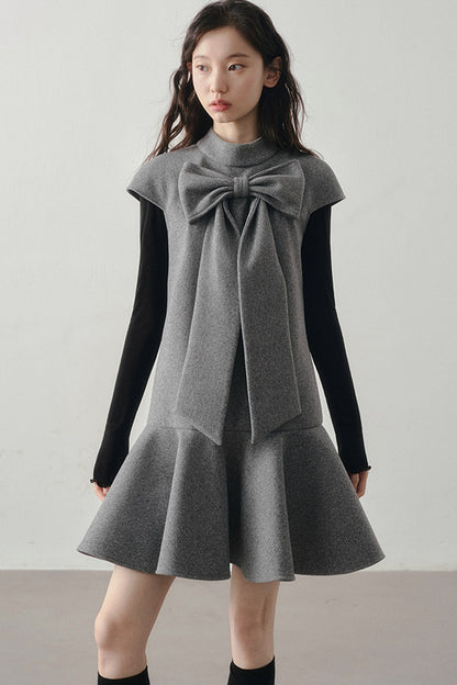 Woolen Bow Flutter Sleeve Dress