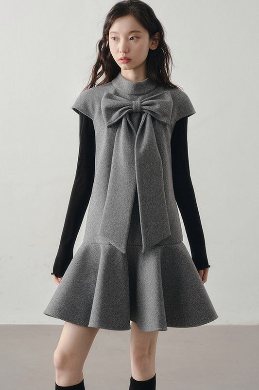 Woolen Bow Flutter Sleeve Dress