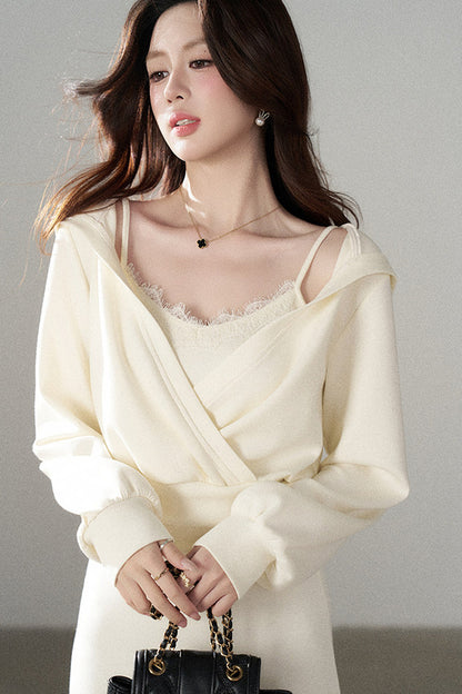 Apricot Flared Lace Dress and Hooded Sweatshirt