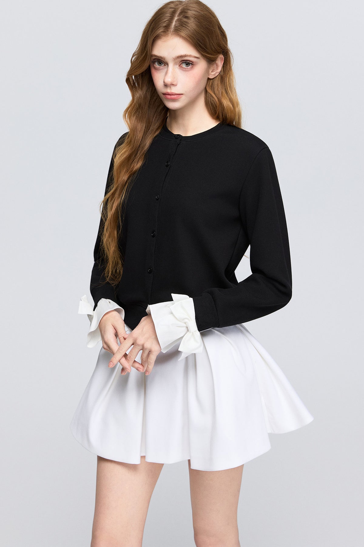 Layered-Look Bow Knit Cardigan