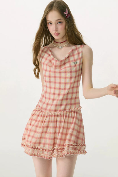 프릴 칼라 체크 원피스