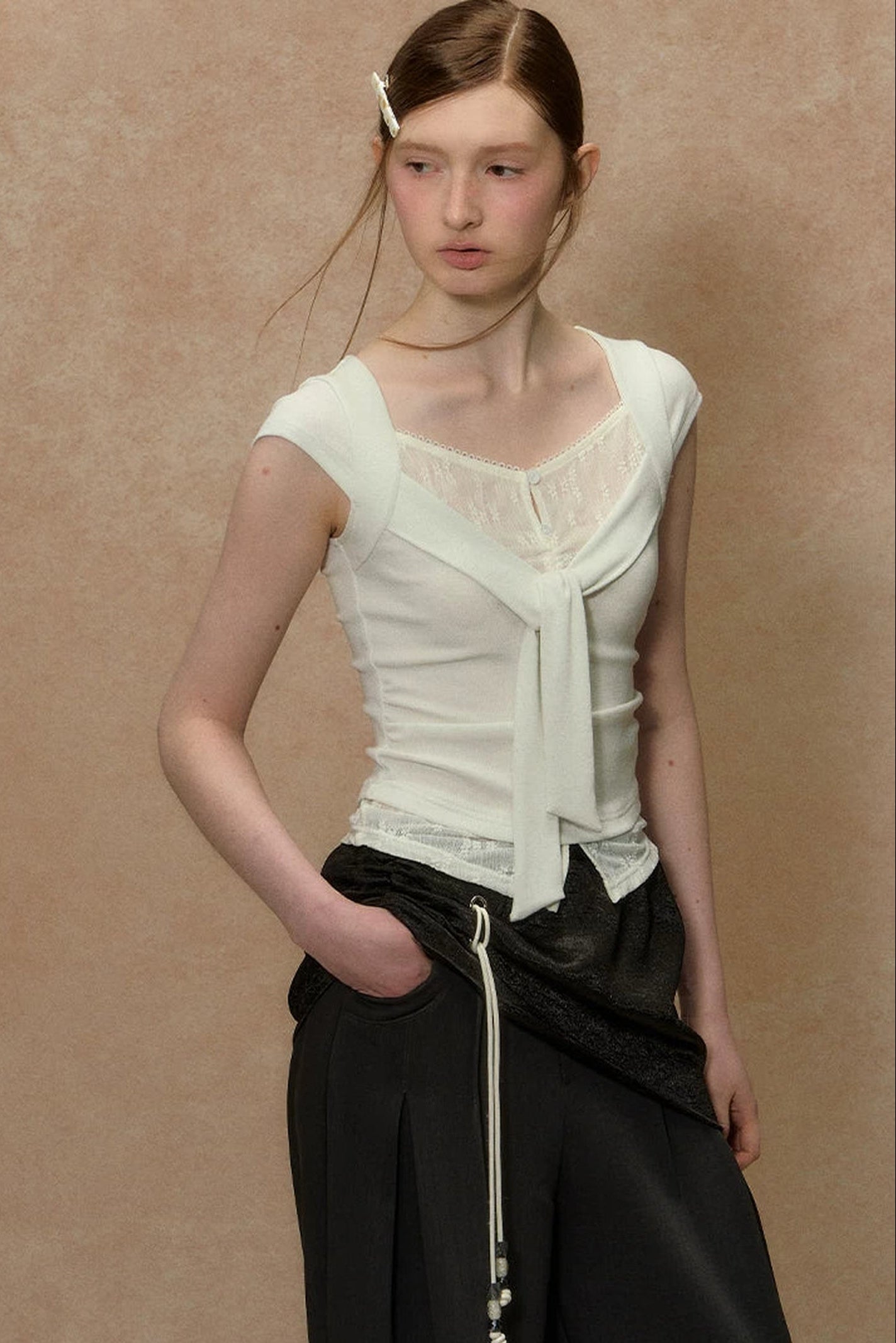V-Neck Lace Trim Top