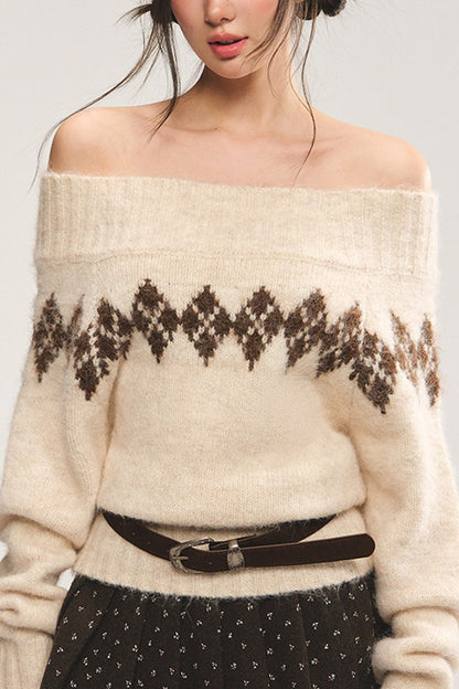 Off-Shoulder Diamond Sweater and Skirt Pullover Set-Up